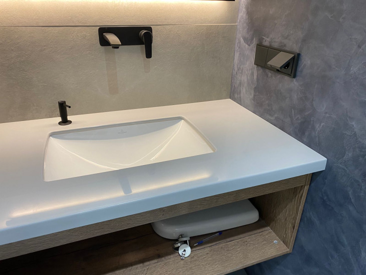 Фото 1. Столешница из акрилового камня Grandex P-109 Light Grey от производителя «KARAT». Работаем с 2005 г. Своё оборудование. Бесплатный замер. Гарантия!